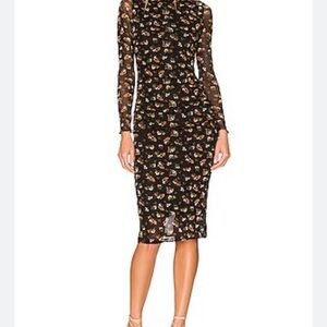 Heartloom Black Floral Mesh Long Sleeve Sheath Dress with Warm Floral Accents